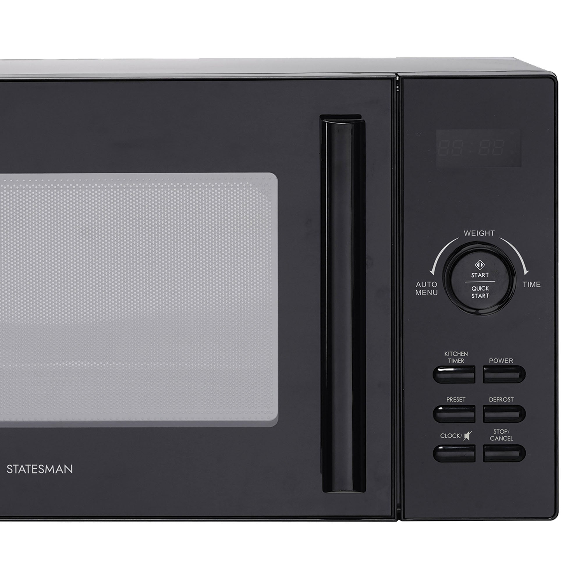 The Statesman Digital Microwave, 23 Litre 900W in black, features a glass door, vertical handle, digital display, and control panel with buttons for auto menu, power, preset, defrost, clock, stop/cancel and start/quick start.