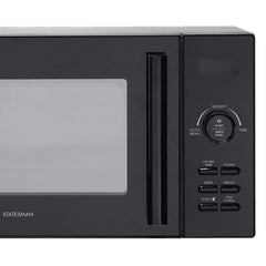 The Statesman Digital Microwave, 23 Litre 900W in black, features a glass door, vertical handle, digital display, and control panel with buttons for auto menu, power, preset, defrost, clock, stop/cancel and start/quick start.