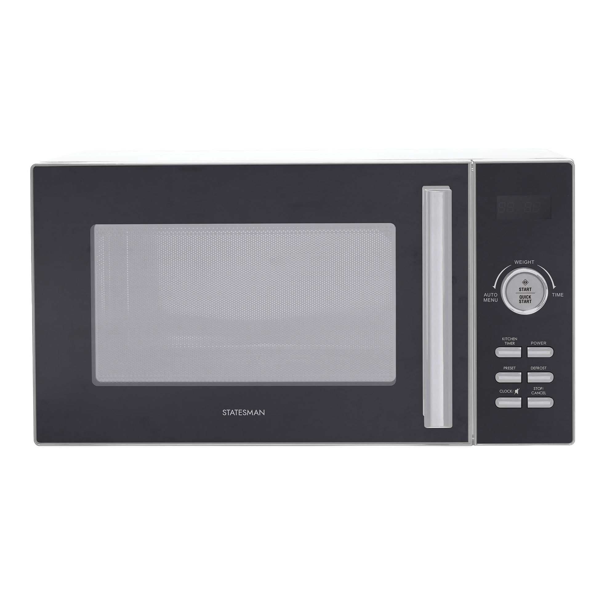The Statesman Digital Microwave, 23 Litre 900W in silver, features a digital display, control buttons and dial on the right, plus a large transparent door window—offering convenience and style for any kitchen.