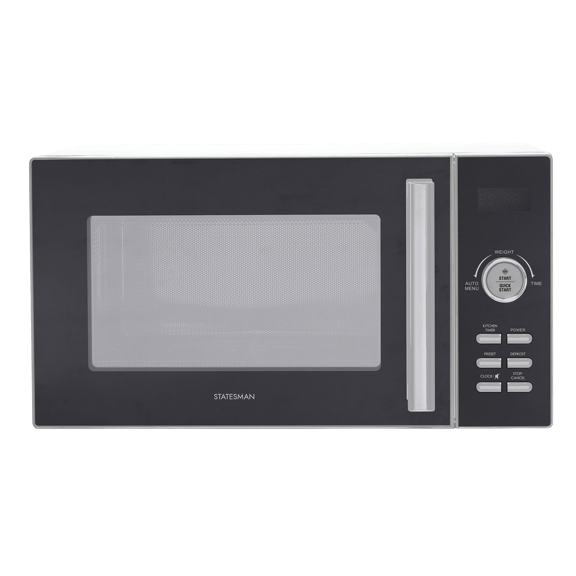 The Statesman Digital Microwave, 23 Litre 900W in silver, features a digital display, control buttons and dial on the right, plus a large transparent door window—offering convenience and style for any kitchen.
