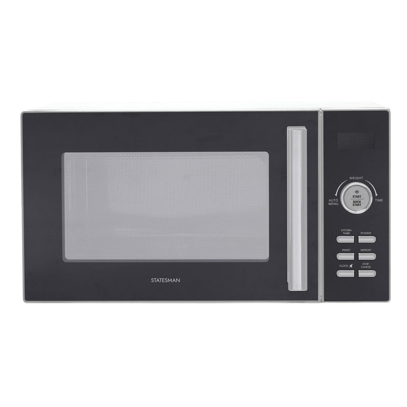 The Statesman Digital Microwave, 23 Litre 900W in silver, features a digital display, control buttons and dial on the right, plus a large transparent door window—offering convenience and style for any kitchen.