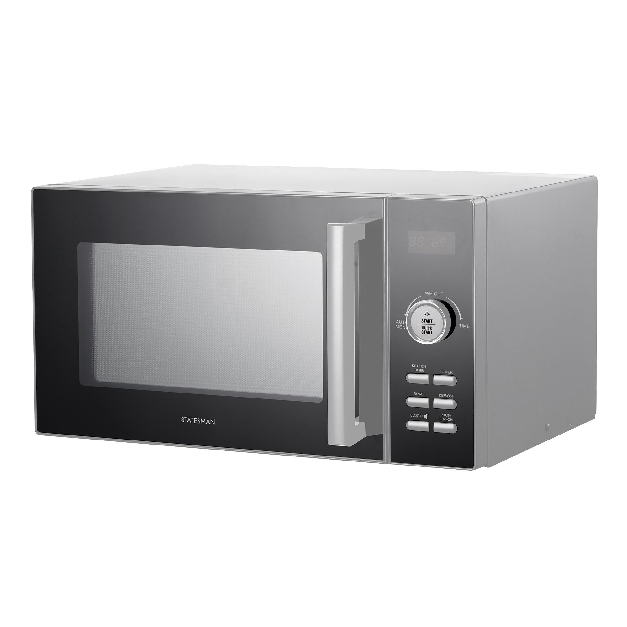 The Statesman Digital Microwave, 23 Litre 900W in silver, features a digital display, control buttons, a right-side large handle, and prominently displays the brand name on the front.
