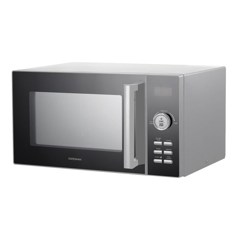 The Statesman Digital Microwave, 23 Litre 900W in silver, features a digital display, control buttons, a right-side large handle, and prominently displays the brand name on the front.