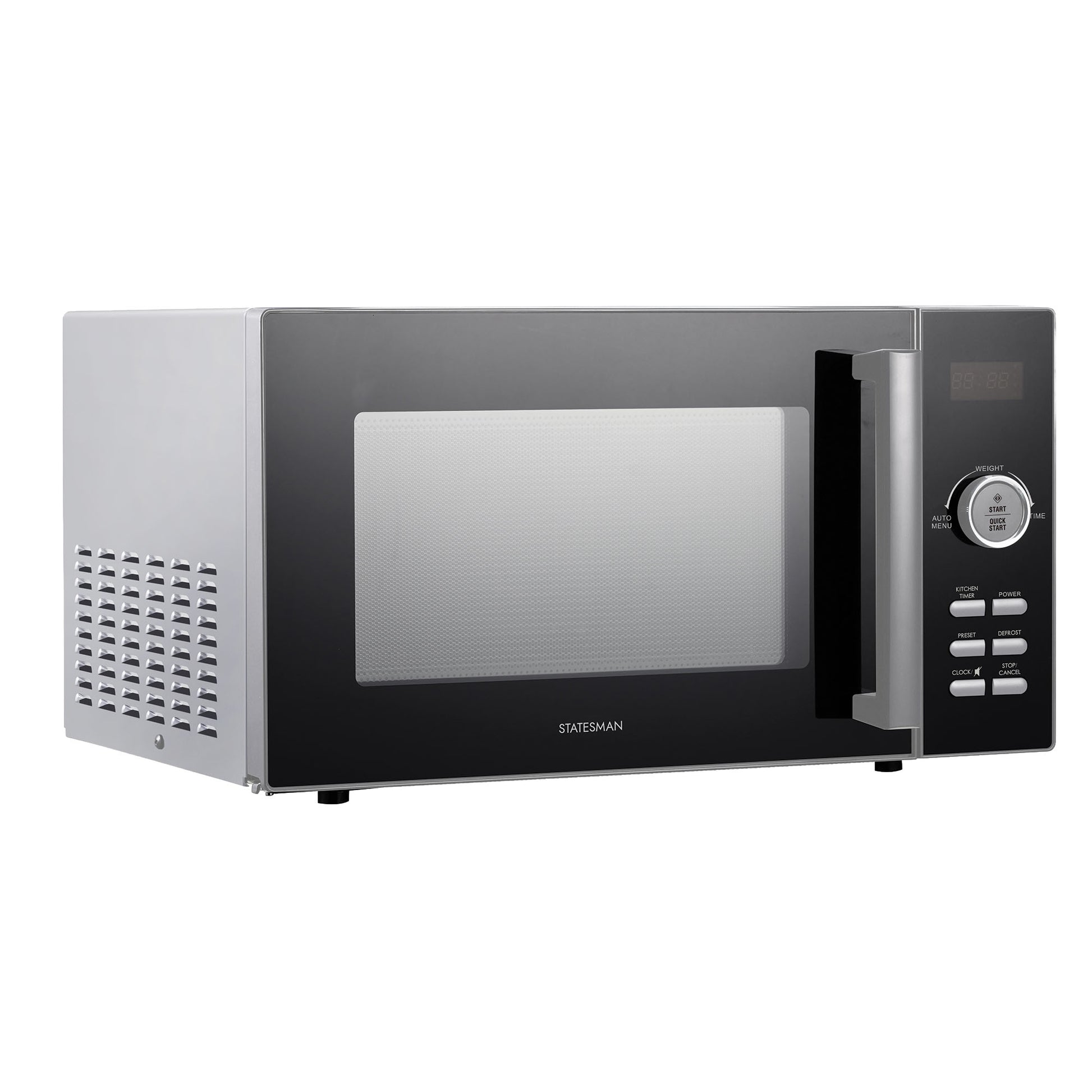 The Statesman Digital Microwave, 23 Litre 900W in silver features a modern design with a digital display, control buttons, and a right-side handle, shown from a slight angle.