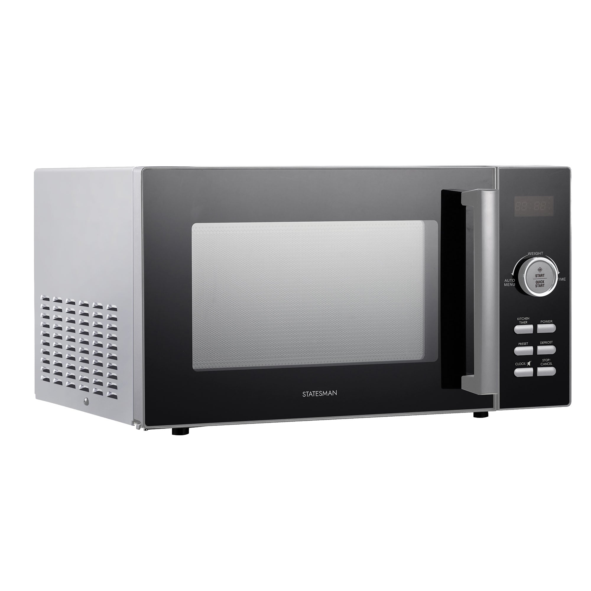 The Statesman Digital Microwave, 23 Litre 900W in silver features a modern design with a digital display, control buttons, and a right-side handle, shown from a slight angle.