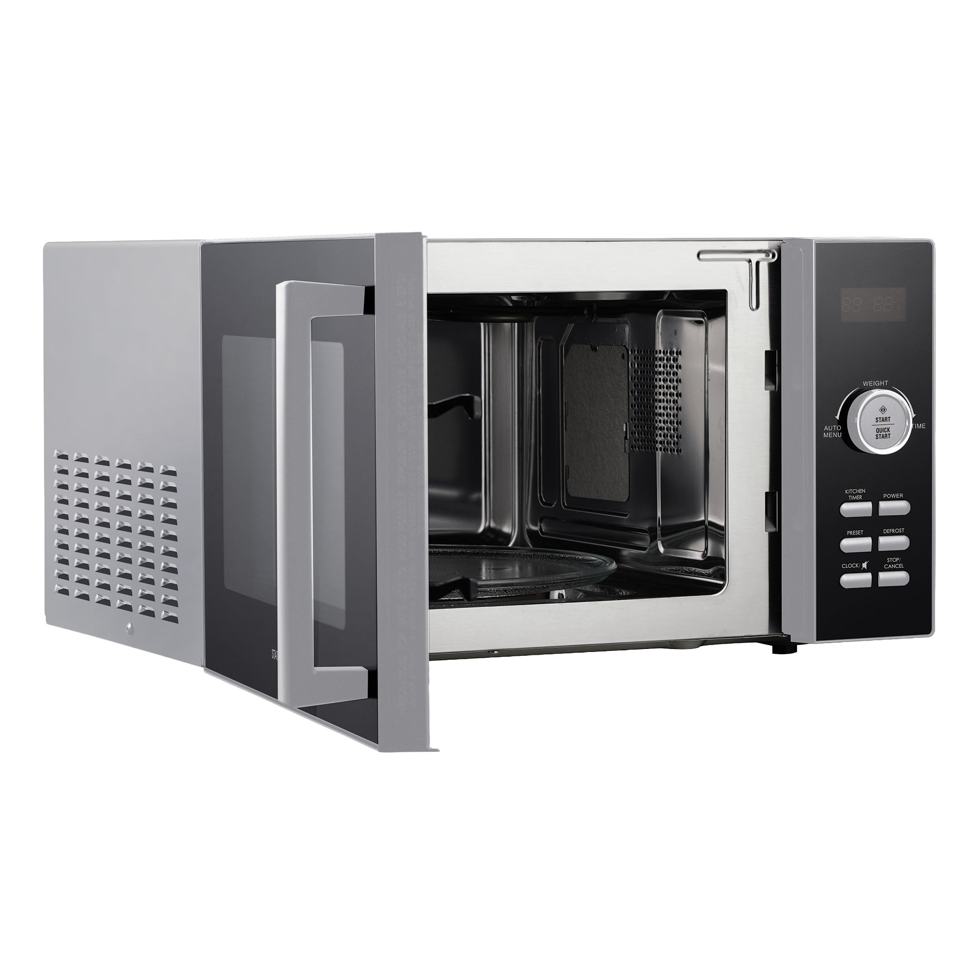 The Statesman Digital Microwave, 23 Litre 900W in silver, is shown with its door open. It features a sleek control panel with buttons and a dial on the right, offering powerful performance in a modern stainless steel design.