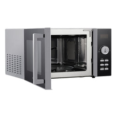 The Statesman Digital Microwave, 23 Litre 900W in silver, is shown with its door open. It features a sleek control panel with buttons and a dial on the right, offering powerful performance in a modern stainless steel design.