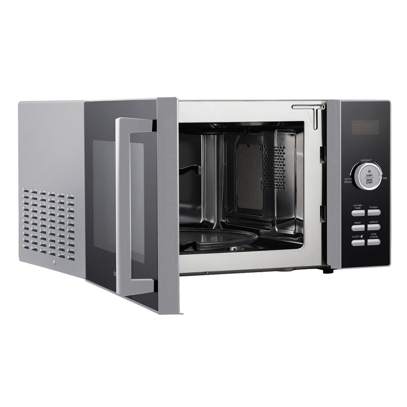 The Statesman Digital Microwave, 23 Litre 900W in silver, is shown with its door open. It features a sleek control panel with buttons and a dial on the right, offering powerful performance in a modern stainless steel design.