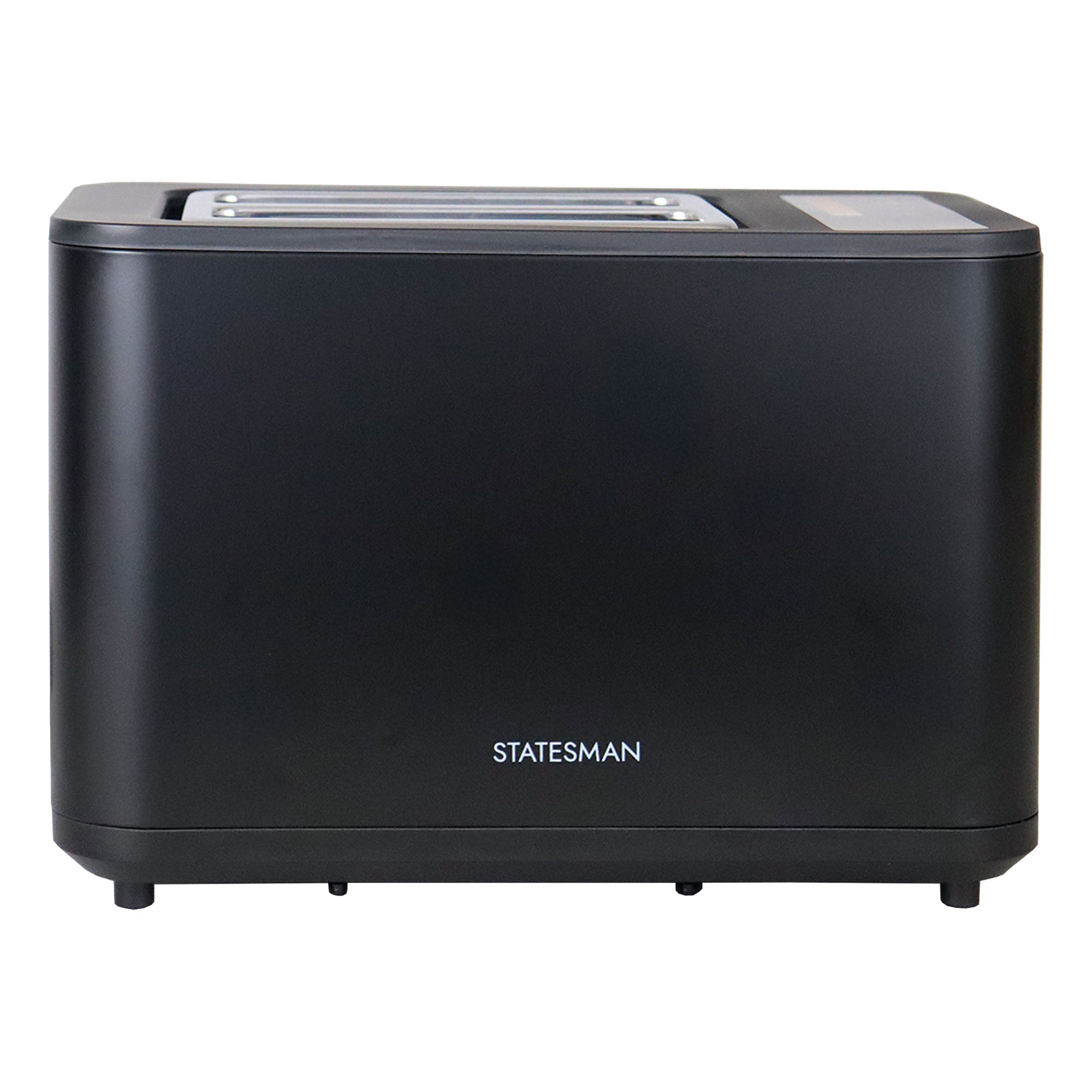 The Statesman Appliances 900W 2 Slice Digital Toaster in black features a sleek, modern design with two wide slots and minimalist controls.