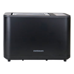 The Statesman Appliances 900W 2 Slice Digital Toaster in black features a sleek, modern design with two wide slots and minimalist controls.