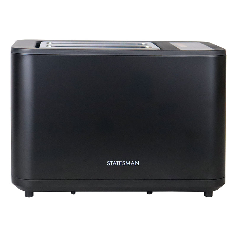 The Statesman Appliances 900W 2 Slice Digital Toaster in black features a sleek, modern design with two wide slots and minimalist controls.