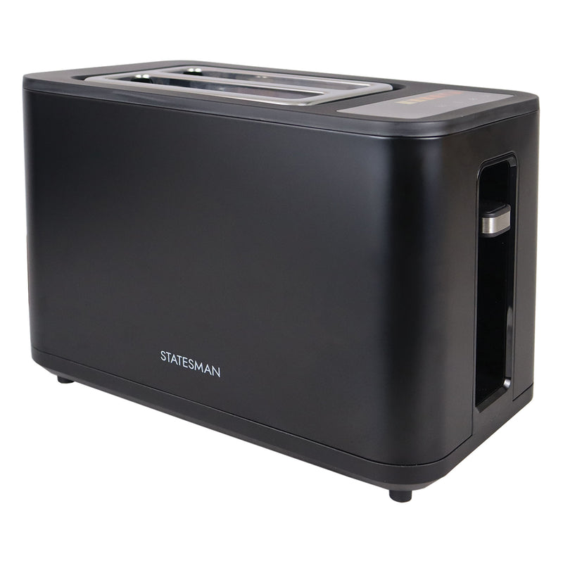A black Statesman Appliances 900W 2 Slice Digital Toaster with two wide slots and a side lever, shown on a white background.