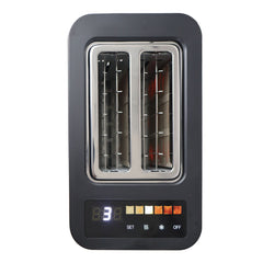 Top view of the Statesman 900W 2 Slice Digital Toaster in black by Statesman Appliances, featuring wide slots, a digital display showing 3, and buttons for settings, heating, and browning levels on a white background.