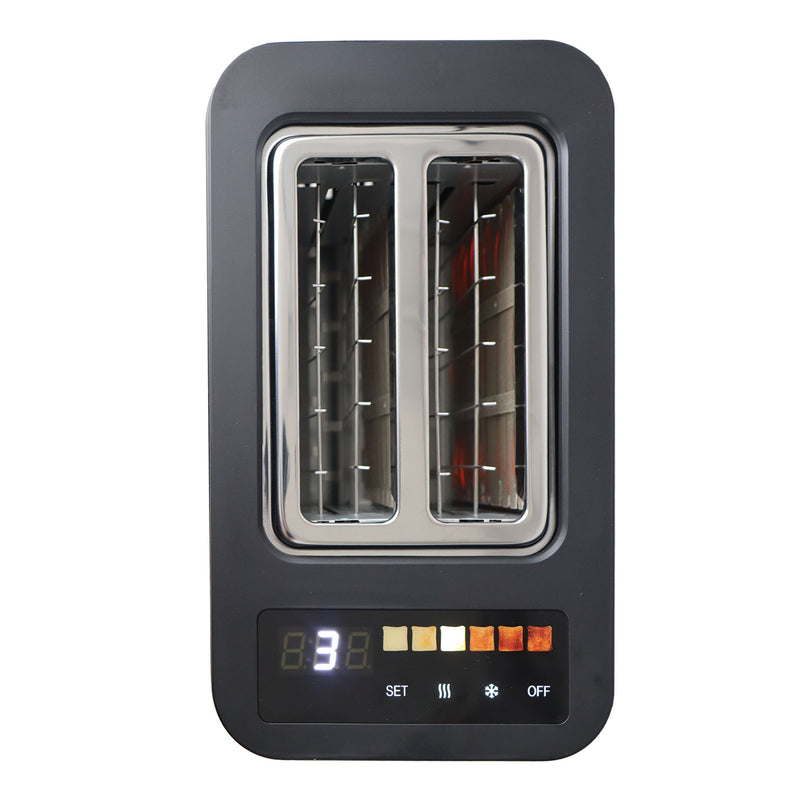 Top view of the Statesman 900W 2 Slice Digital Toaster in black by Statesman Appliances, featuring wide slots, a digital display showing 3, and buttons for settings, heating, and browning levels on a white background.