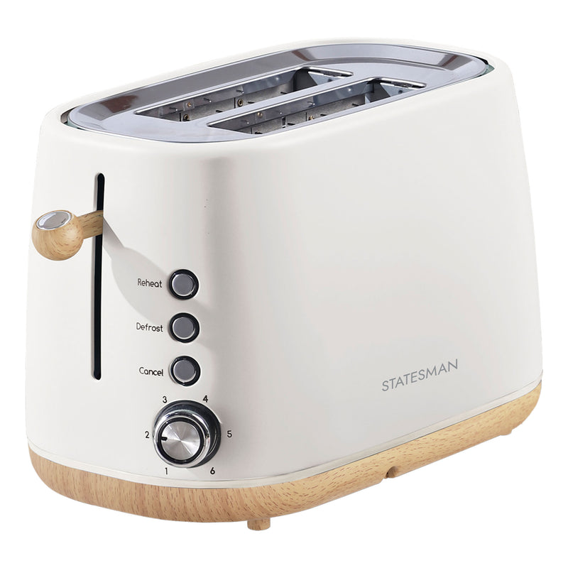 The Statesman 900W 2 Slice Scandi Toaster by Statesman Appliances features a white and wood-textured design, large slots, reheat, defrost, and cancel functions, plus a browning control dial.