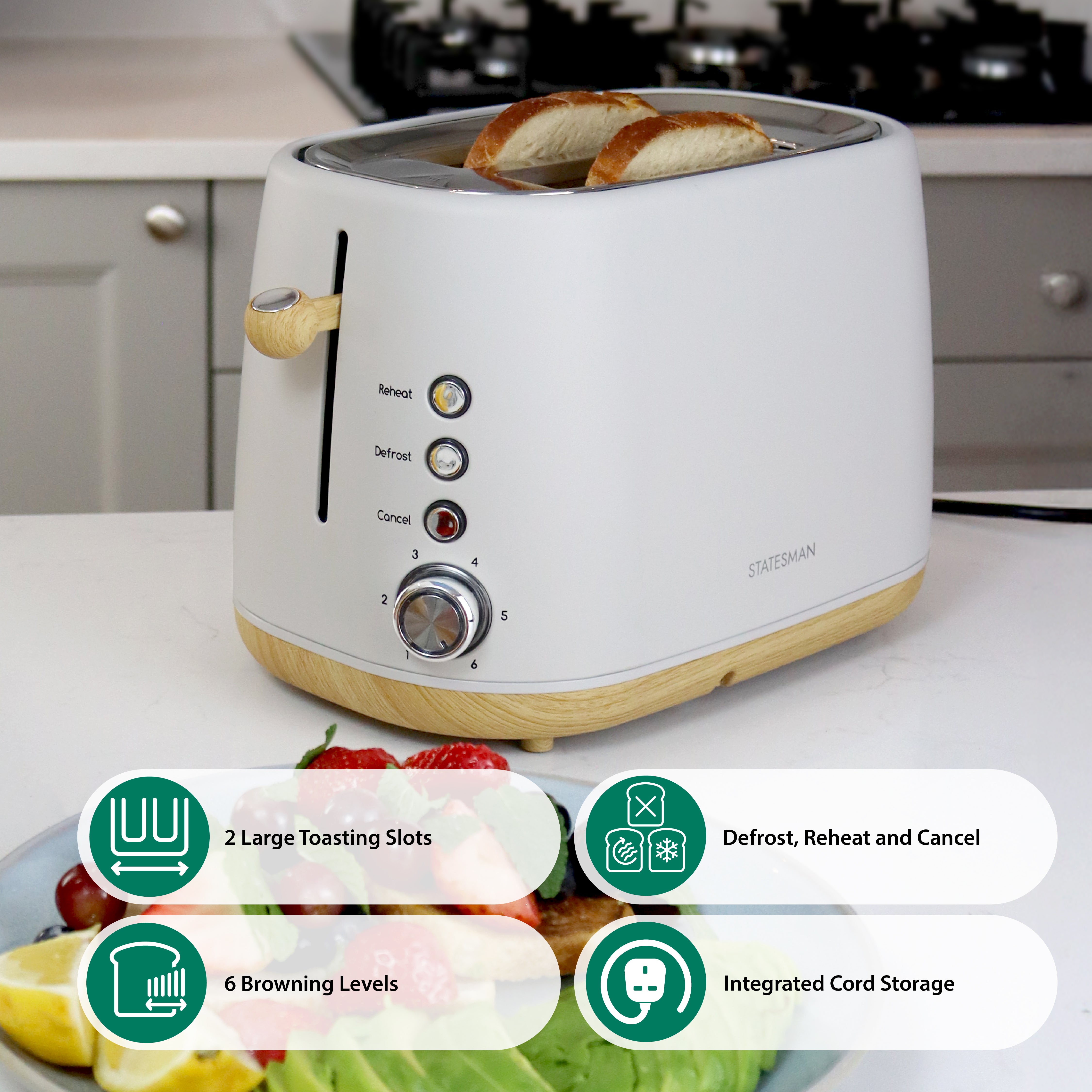 The Statesman Appliances 900W 2 Slice Scandi Toaster in white and wood features two large slots, six browning levels, defrost/reheat/cancel functions, and integrated cord storage—perfect for a stylish kitchen counter.