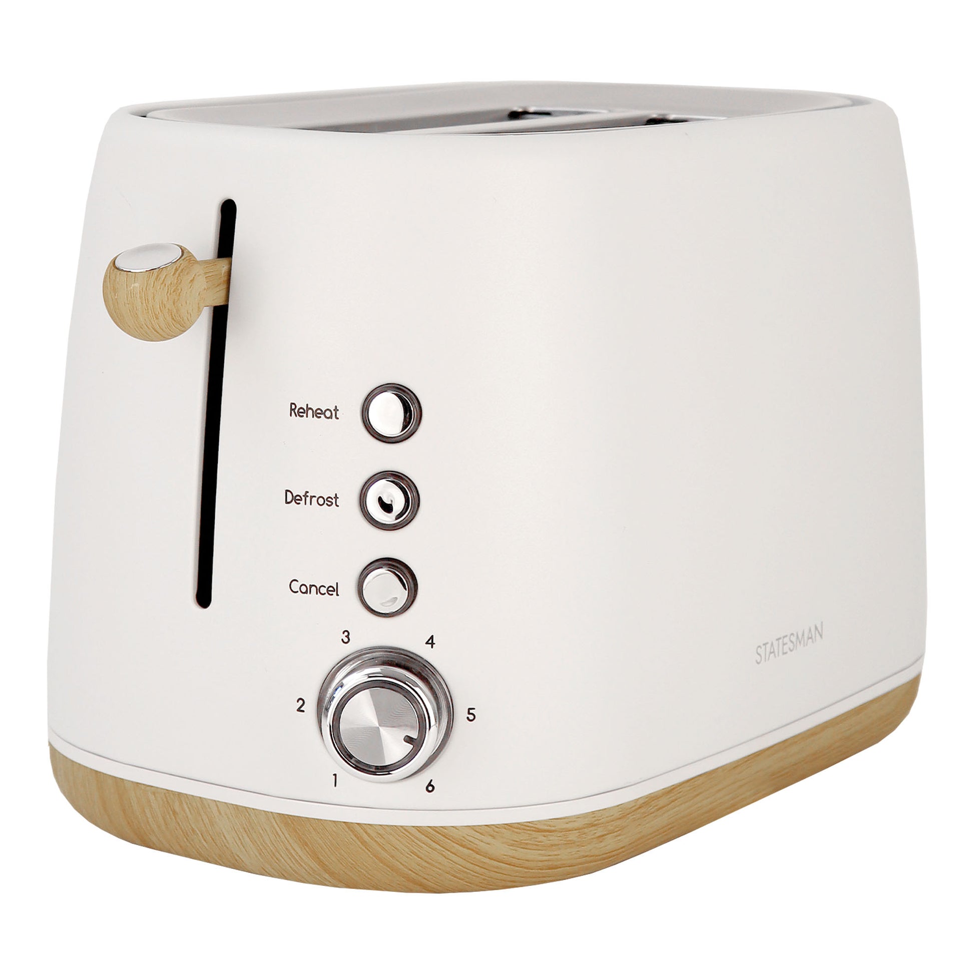The Statesman Appliances 900W 2 Slice Scandi Toaster features white and light wood design, large slots, lever, three function buttons (Reheat, Defrost, Cancel), and a browning dial with settings from 1–6. Brand is on the bottom right.