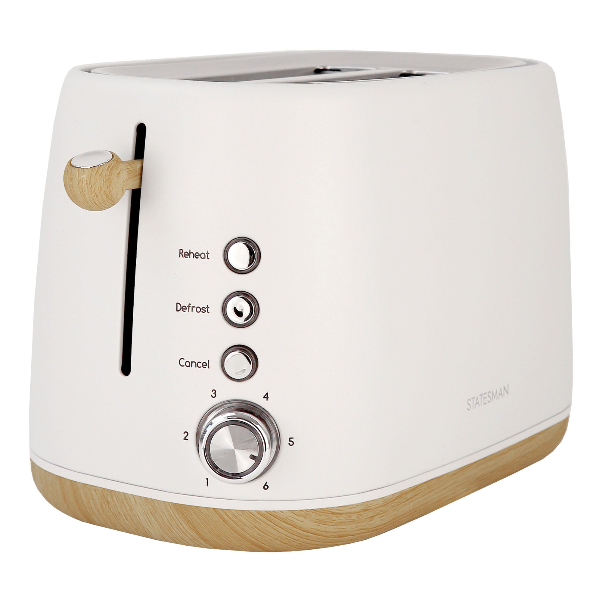 The Statesman Appliances 900W 2 Slice Scandi Toaster features white and light wood design, large slots, lever, three function buttons (Reheat, Defrost, Cancel), and a browning dial with settings from 1–6. Brand is on the bottom right.