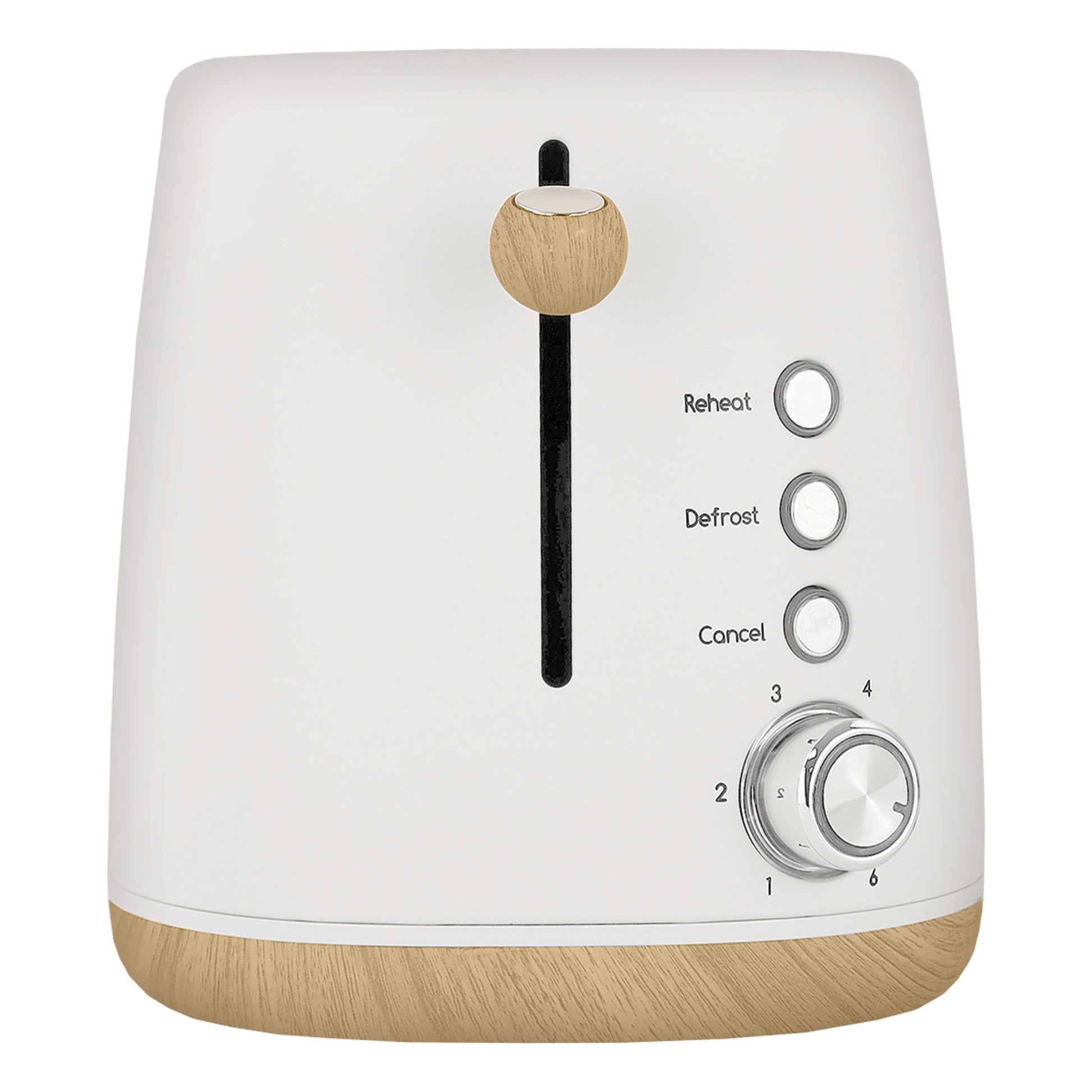 The Statesman Appliances 900W 2 Slice Scandi Toaster features a wood-textured base and lever, wide slots, three functions—Reheat, Defrost, Cancel—and a numbered dial for browning levels from 1 to 6.