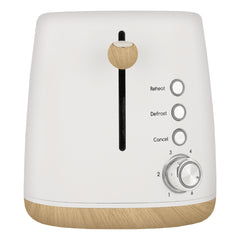 The Statesman Appliances 900W 2 Slice Scandi Toaster features a wood-textured base and lever, wide slots, three functions—Reheat, Defrost, Cancel—and a numbered dial for browning levels from 1 to 6.
