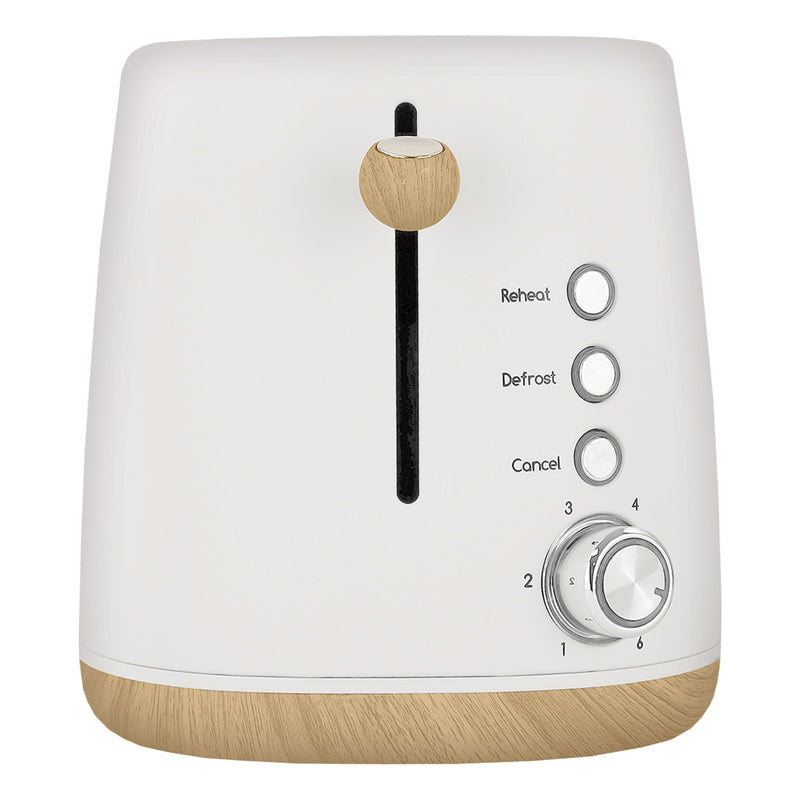 The Statesman Appliances 900W 2 Slice Scandi Toaster features a wood-textured base and lever, wide slots, three functions—Reheat, Defrost, Cancel—and a numbered dial for browning levels from 1 to 6.