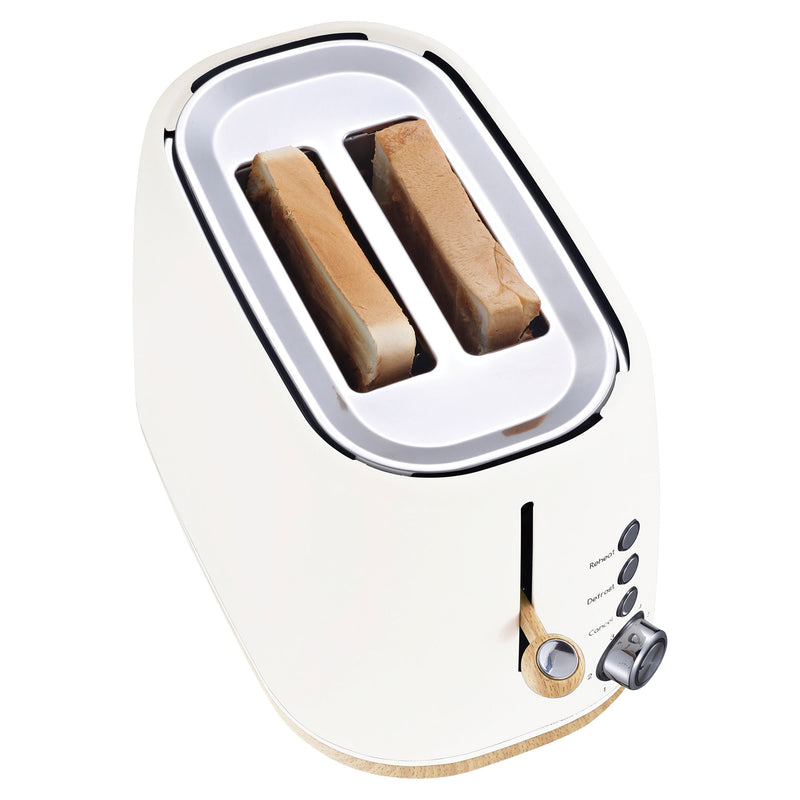 The Statesman Appliances Statesman 900W 2 Slice Scandi Toaster in white, seen from an angled top view, features large slots with two slices of bread inside, as well as control buttons and a lever on the side.