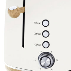 Close-up of the Statesman 900W 2 Slice Scandi Toaster by Statesman Appliances, showing large slots, a wooden lever, three buttons—Reheat, Defrost, Cancel—and a metallic dial with settings from 1 to 6.