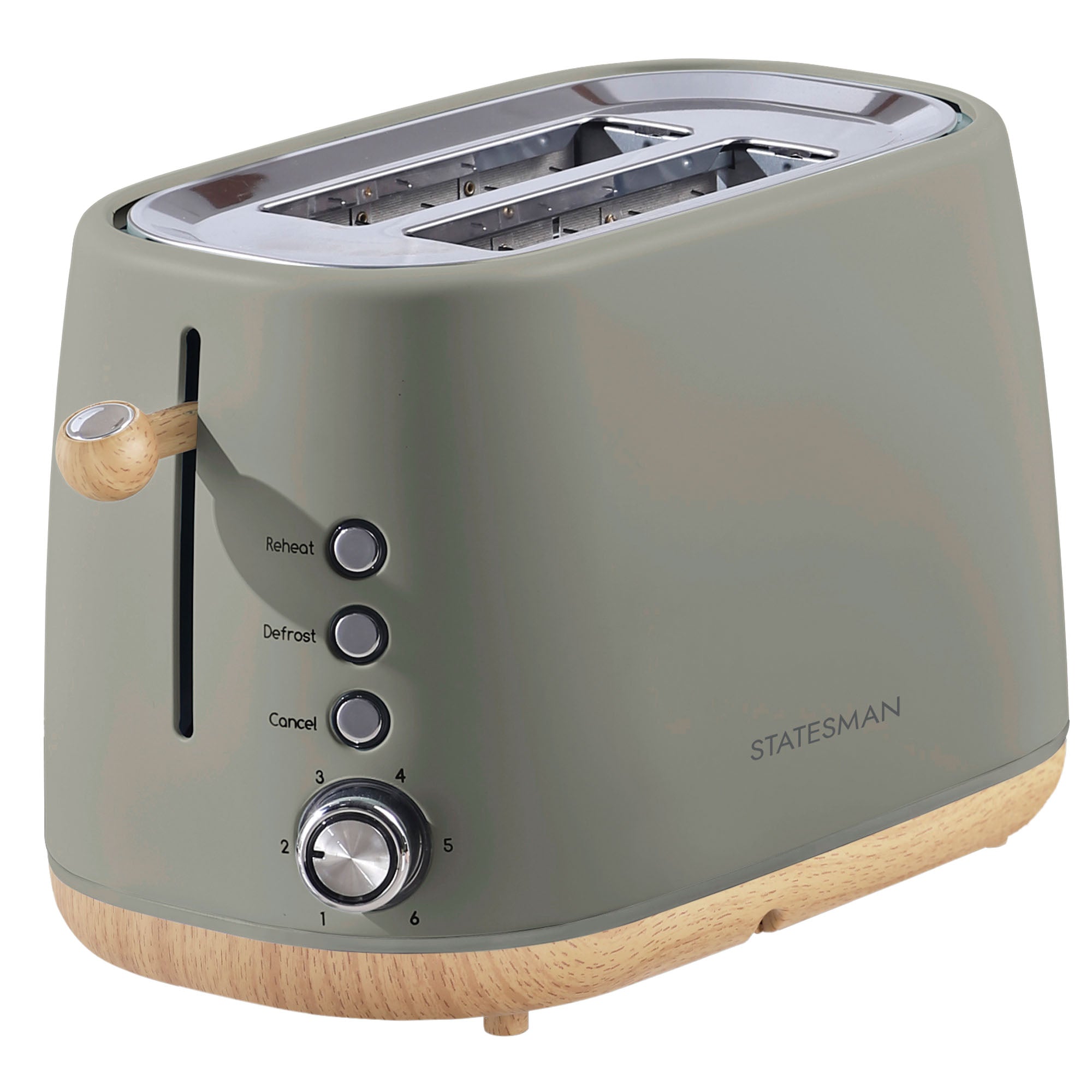 The Statesman Appliances 900W 2 Slice Scandi Toaster features sage green and wood tones, silver accents, three function buttons, a browning dial, large slots and displays the Statesman brand on the side.
