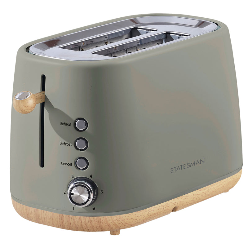 The Statesman Appliances 900W 2 Slice Scandi Toaster features sage green and wood tones, silver accents, three function buttons, a browning dial, large slots and displays the Statesman brand on the side.