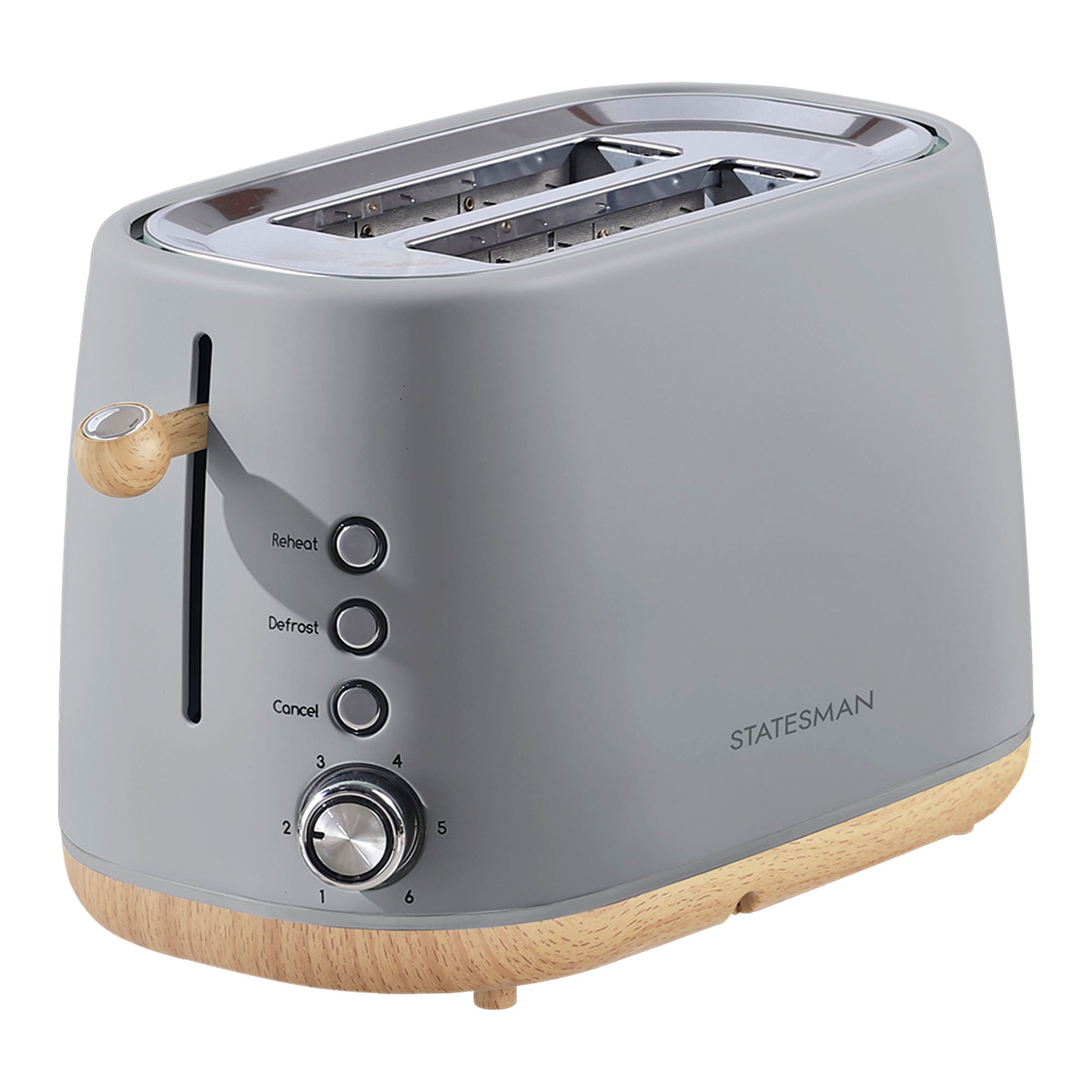 The Statesman Appliances 900W 2 Slice Scandi Toaster features a modern grey Scandi design with wood-style accents, extra-large slots, three function buttons (Reheat, Defrost, Cancel), a numbered browning dial, and brand name on the side.