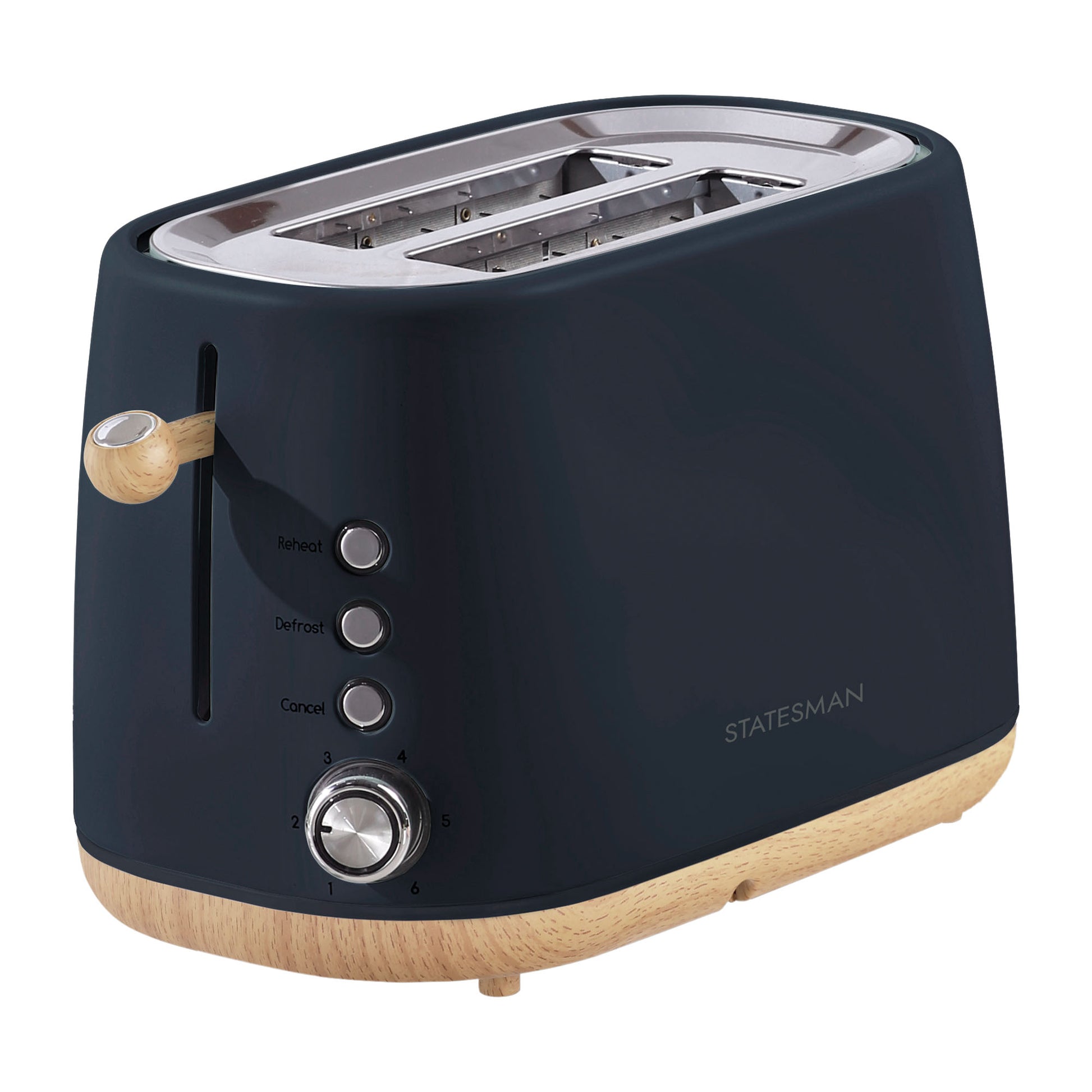 The Statesman Appliances 900W 2 Slice Scandi Toaster features a black and wood-accented design, extra-large slots, three function buttons, a numbered browning dial, and lever. The STATESMAN logo is visible on the side.
