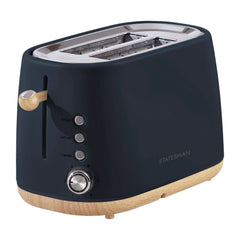 The Statesman Appliances 900W 2 Slice Scandi Toaster features a black and wood-accented design, extra-large slots, three function buttons, a numbered browning dial, and lever. The STATESMAN logo is visible on the side.
