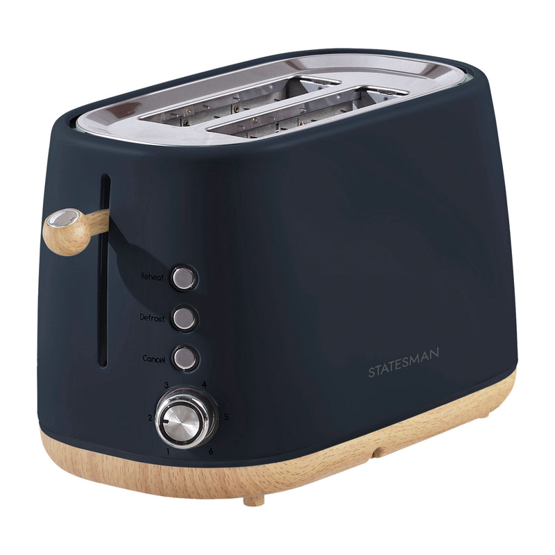 The Statesman Appliances 900W 2 Slice Scandi Toaster features a black and wood-accented design, extra-large slots, three function buttons, a numbered browning dial, and lever. The STATESMAN logo is visible on the side.