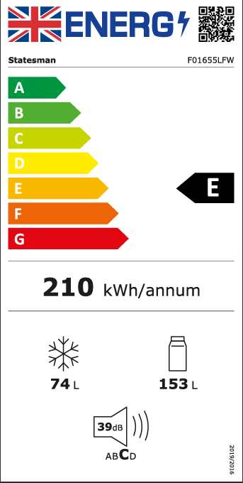UK energy label for the Statesman Appliances v60/40 Low Frost Fridge Freezer in White, rated E, consuming 210 kWh per year. This appliance includes a 4-star freezer with a 74L capacity and a 153L fridge featuring adjustable shelving. Operates at a noise level of 39dB. Energy efficiency is rated on a scale from A (most efficient) to G (least efficient).