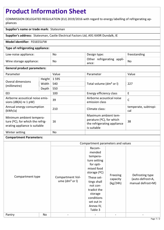 A product information sheet for the Statesman Appliances v60/40 Low Frost Fridge Freezer in White, featuring its generously sized refrigerator and 4-star freezer compartments, along with detailed specifications on dimensions, energy efficiency, storage capacity, noise levels, and operating parameters presented in a table format.