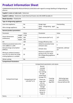 A product information sheet for the Statesman Appliances v60/40 Low Frost Fridge Freezer in White, featuring its generously sized refrigerator and 4-star freezer compartments, along with detailed specifications on dimensions, energy efficiency, storage capacity, noise levels, and operating parameters presented in a table format.