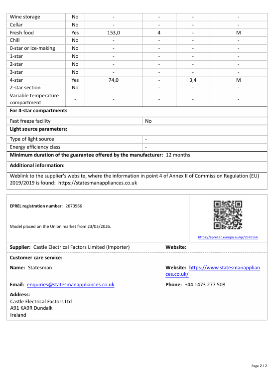 A specification sheet for the Statesman v60/40 Low Frost Fridge Freezer in White by Statesman Appliances, detailing features such as a spacious design, 4-star freezer compartment, energy-efficient operation, and included warranty. Supplier information, contact details, website links, a QR code for quick access to product resources, and regulatory compliance text are provided at the bottom.
