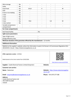 A specification sheet for the Statesman v60/40 Low Frost Fridge Freezer in White by Statesman Appliances, detailing features such as a spacious design, 4-star freezer compartment, energy-efficient operation, and included warranty. Supplier information, contact details, website links, a QR code for quick access to product resources, and regulatory compliance text are provided at the bottom.