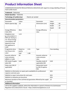 Product information sheet for the Statesman Freestanding Compact Vented Tumble Dryer, 3kg drying capacity, white—model TD03YFW—featuring detailed specifications including energy efficiency, cycle duration, noise level, and relevant web links presented in a clear tabular format. This compact vented tumble dryer is designed to fit modern homes and limited spaces.