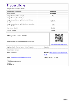 A product fiche document for the Statesman Single Cavity Electric Cooker, 4 Zones, 60cm Wide, White, displaying energy ratings, a 61-litre capacity, contact details, and other specifications. The document features tables, links, and company information.