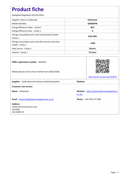 A product fiche document for the Statesman Single Cavity Electric Cooker, 4 Zones, 60cm Wide, White, displaying energy ratings, a 61-litre capacity, contact details, and other specifications. The document features tables, links, and company information.