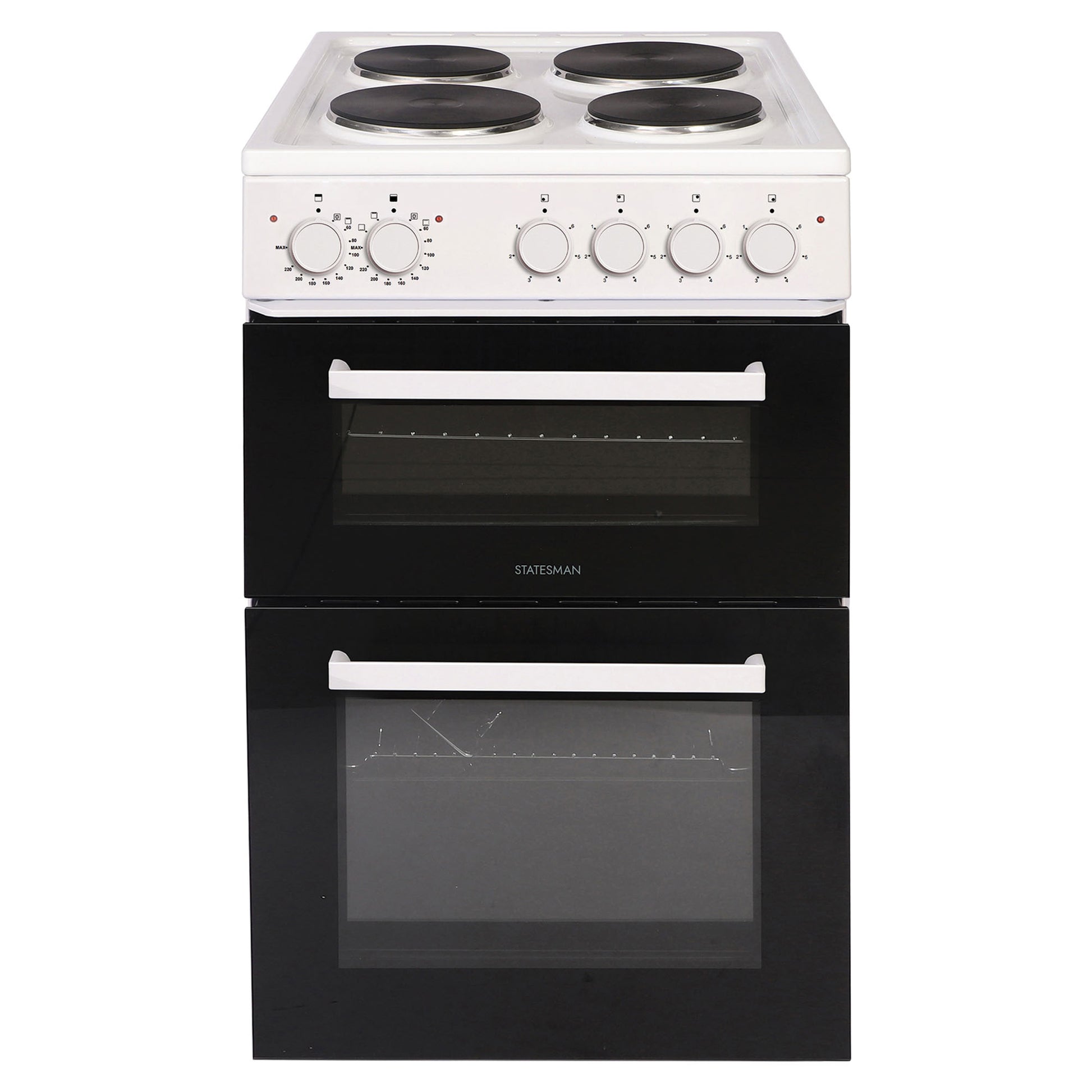 The Statesman Twin Cavity Electric Cooker is a 50cm wide, white freestanding appliance featuring a solid plate hob with four black hotplates, five control knobs, and two vertically aligned black front oven doors with white handles. This model also offers a separate grill for enhanced cooking versatility.
