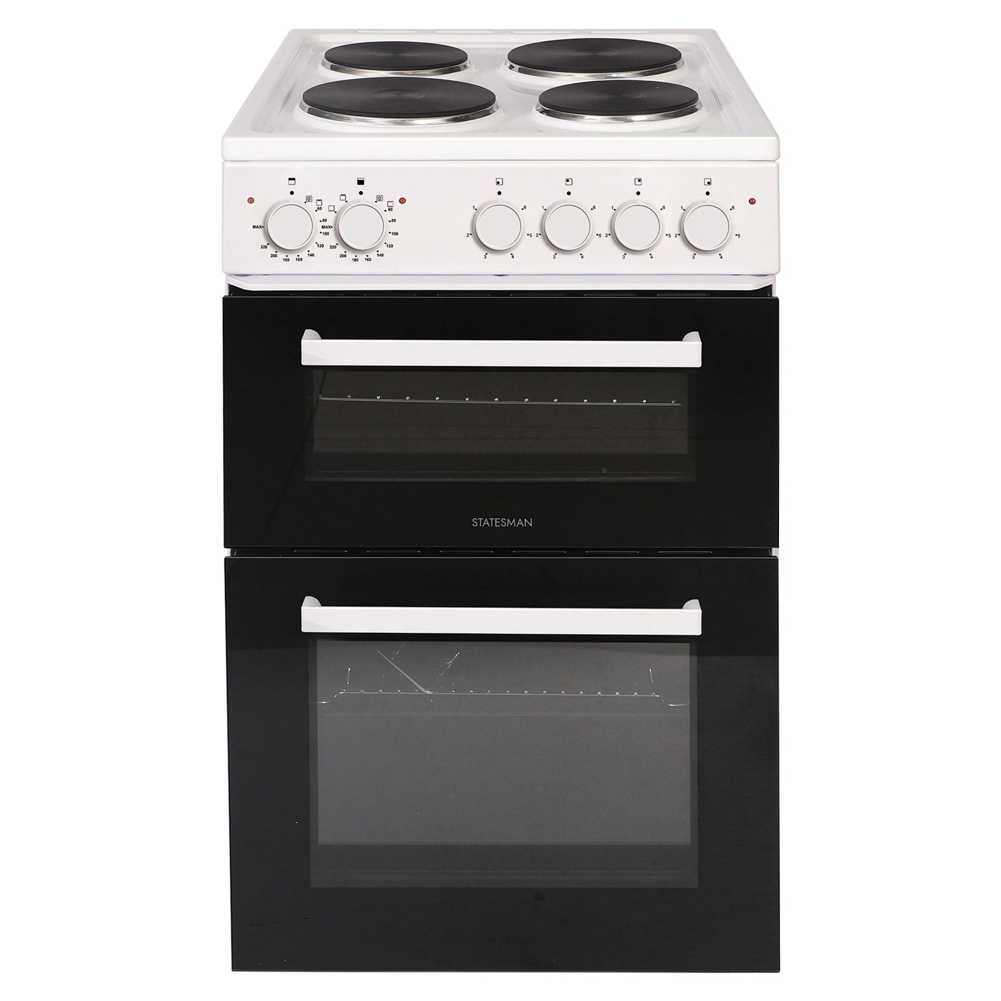 The Statesman Twin Cavity Electric Cooker is a 50cm wide, white freestanding appliance featuring a solid plate hob with four black hotplates, five control knobs, and two vertically aligned black front oven doors with white handles. This model also offers a separate grill for enhanced cooking versatility.