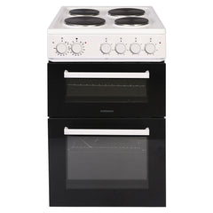 The Statesman Twin Cavity Electric Cooker is a 50cm wide, white freestanding appliance featuring a solid plate hob with four black hotplates, five control knobs, and two vertically aligned black front oven doors with white handles. This model also offers a separate grill for enhanced cooking versatility.