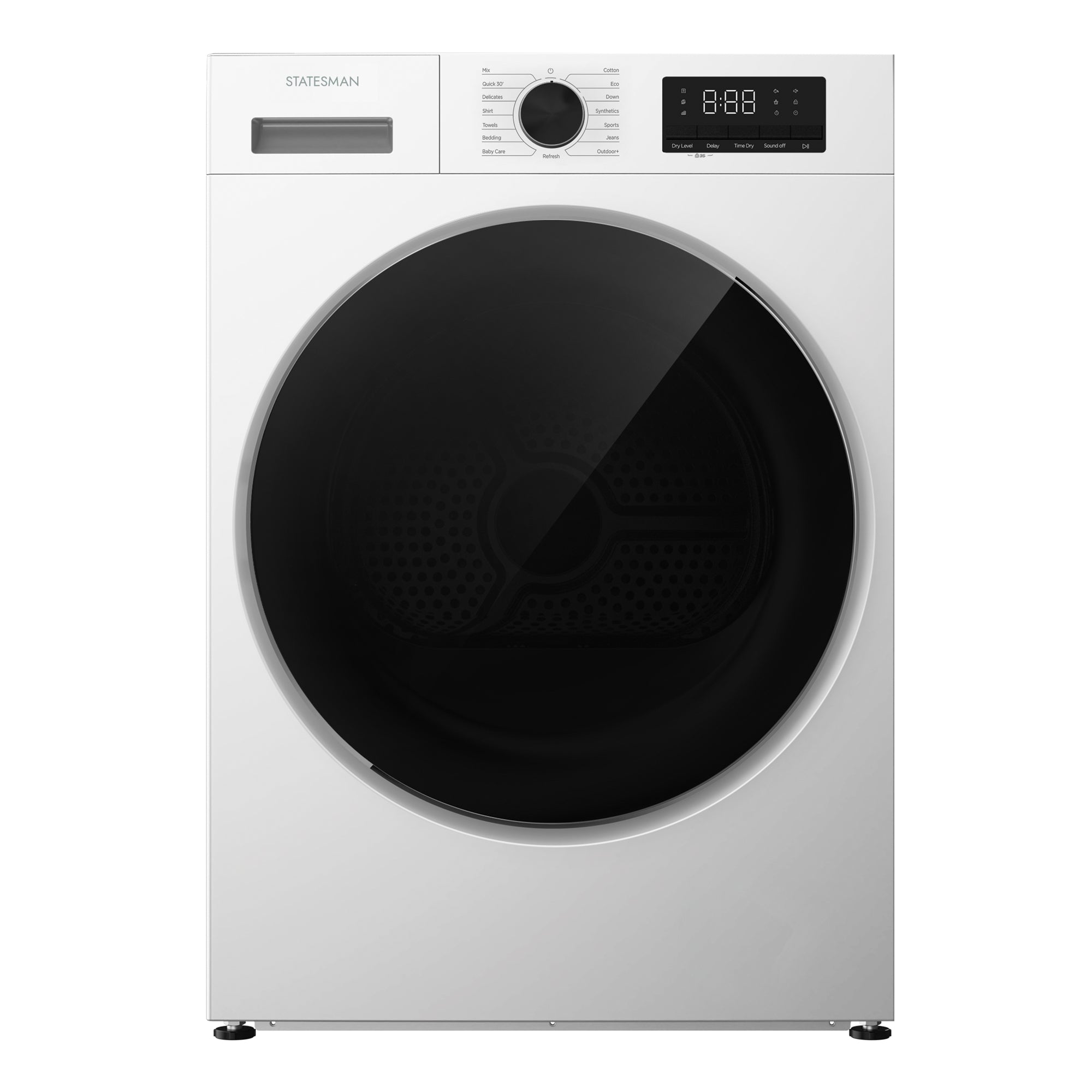 Statesman Freestanding Heat Pump Tumble Dryer, 8KG load, in white with a large black tinted door, rotary programme dial, digital display, and multiple drying cycles including Cotton, Eco, Delicates, and wrinkle reduction.