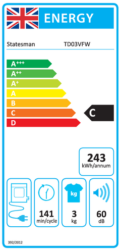 Energy label for the Statesman Freestanding Compact Vented Tumble Dryer, featuring a 3kg drying capacity, rated C for energy efficiency. This white appliance uses 243 kWh per year, operates at 60 dB noise level, and completes cycles in 141 minutes. Icons indicate plug connection, timer function, load size, and sound level. Ideal for smaller loads and compact spaces.