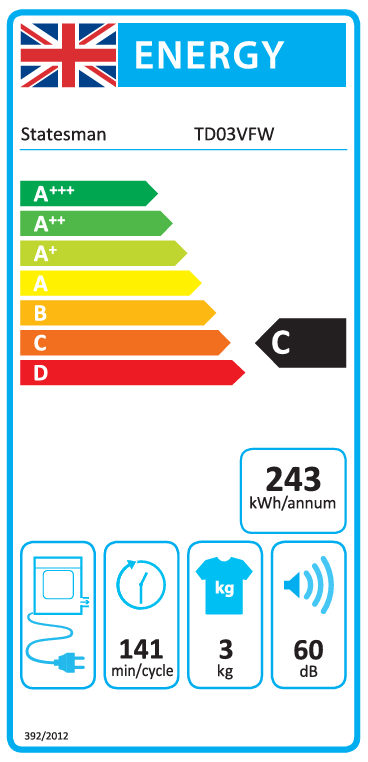 Energy label for the Statesman Freestanding Compact Vented Tumble Dryer, featuring a 3kg drying capacity, rated C for energy efficiency. This white appliance uses 243 kWh per year, operates at 60 dB noise level, and completes cycles in 141 minutes. Icons indicate plug connection, timer function, load size, and sound level. Ideal for smaller loads and compact spaces.
